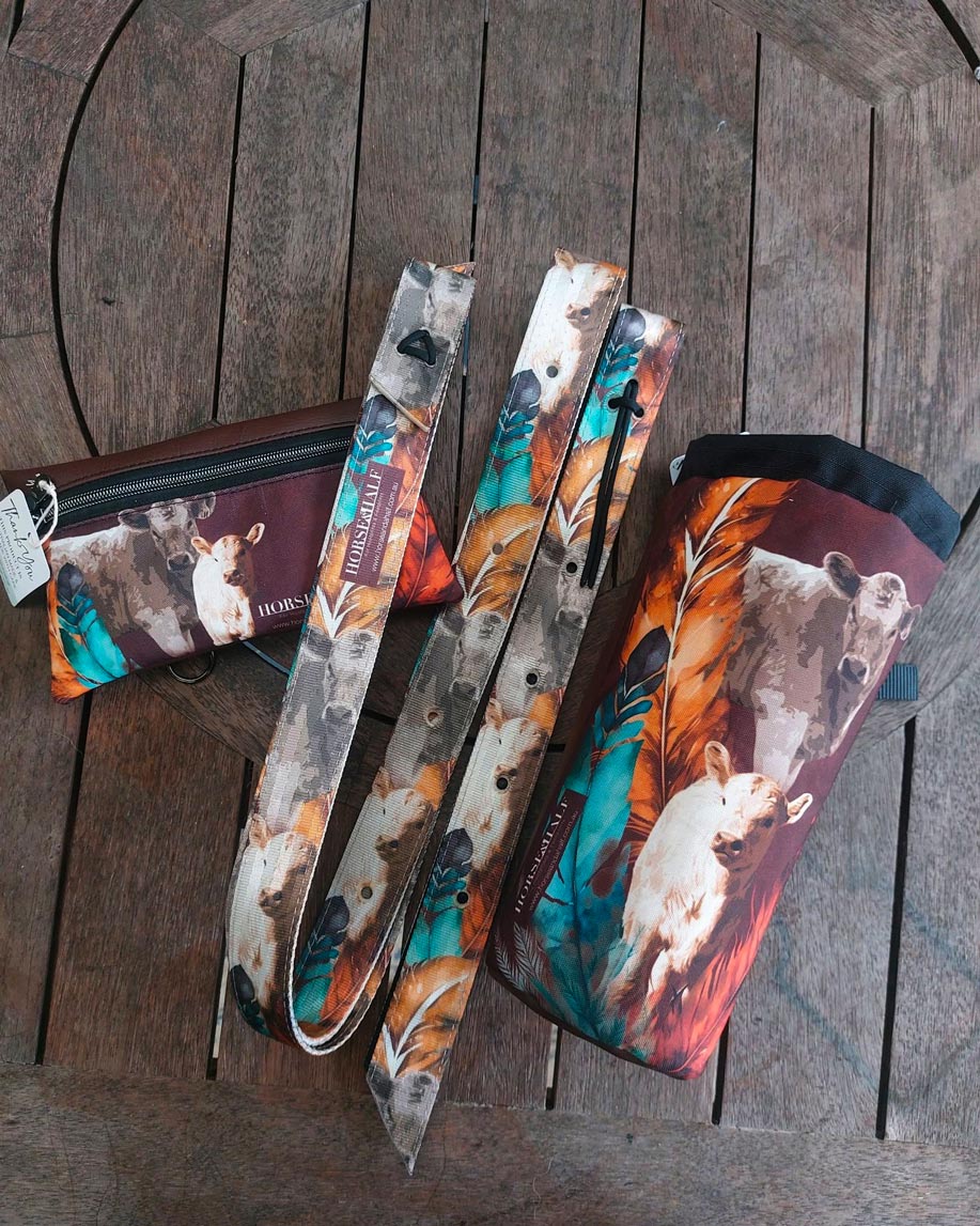 cow and feather design for saddle bags and latigo