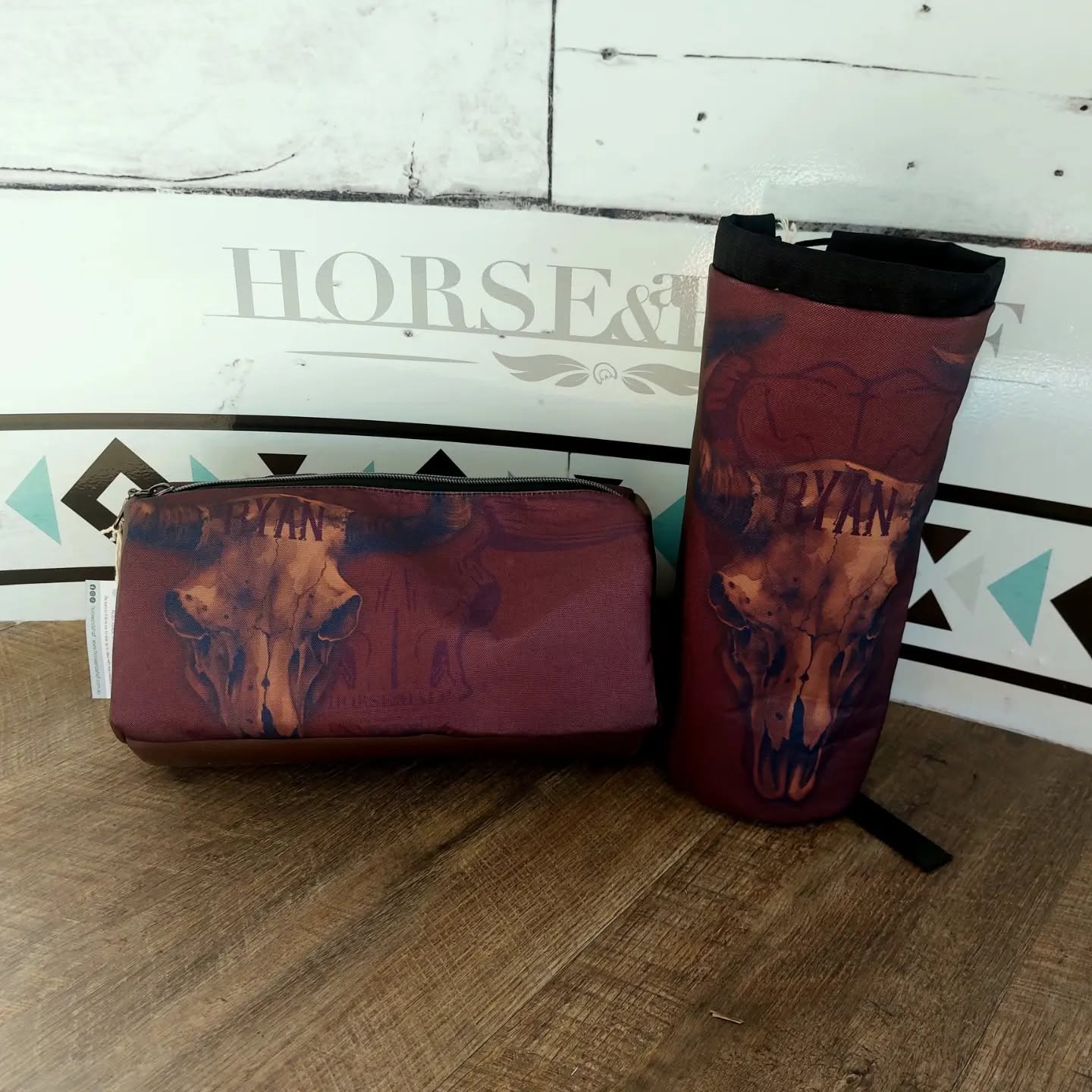 Dark brown cow skull design saddle bags