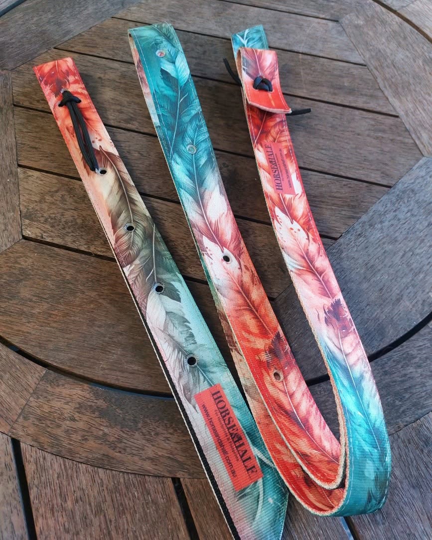 Red and teal feather design latigo straps