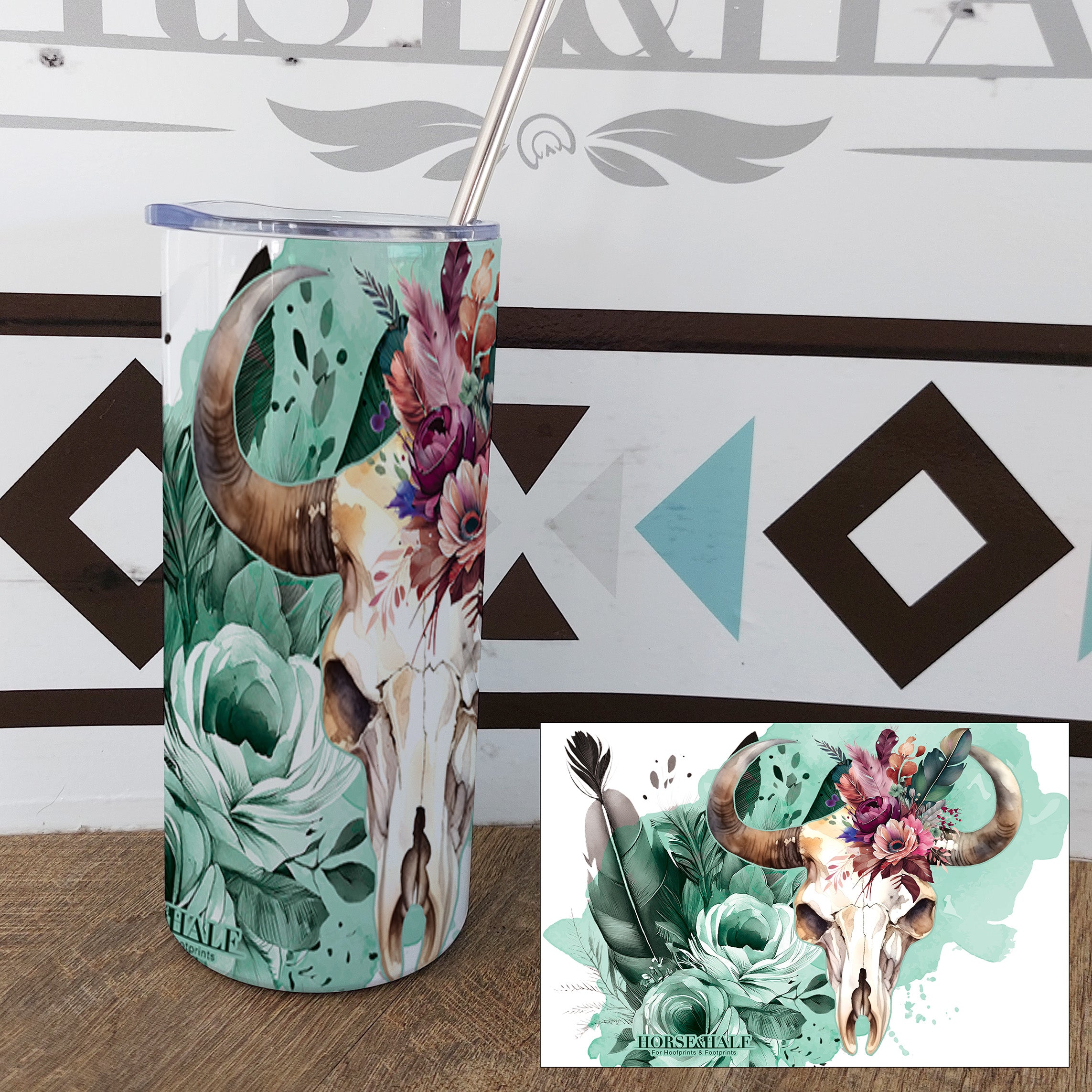 Mint Floral Skull Drinkware