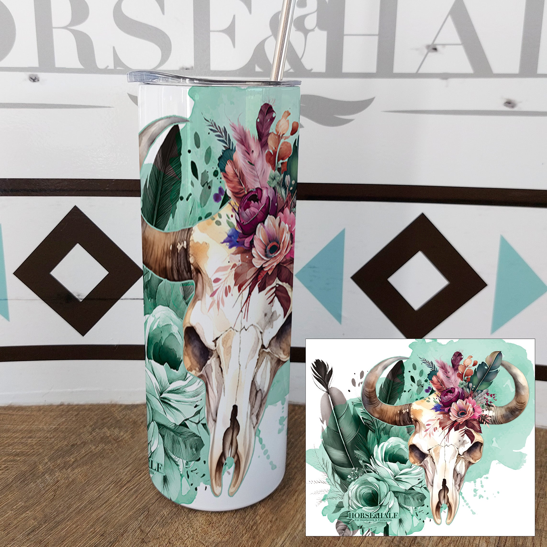 Mint Floral Skull Drinkware