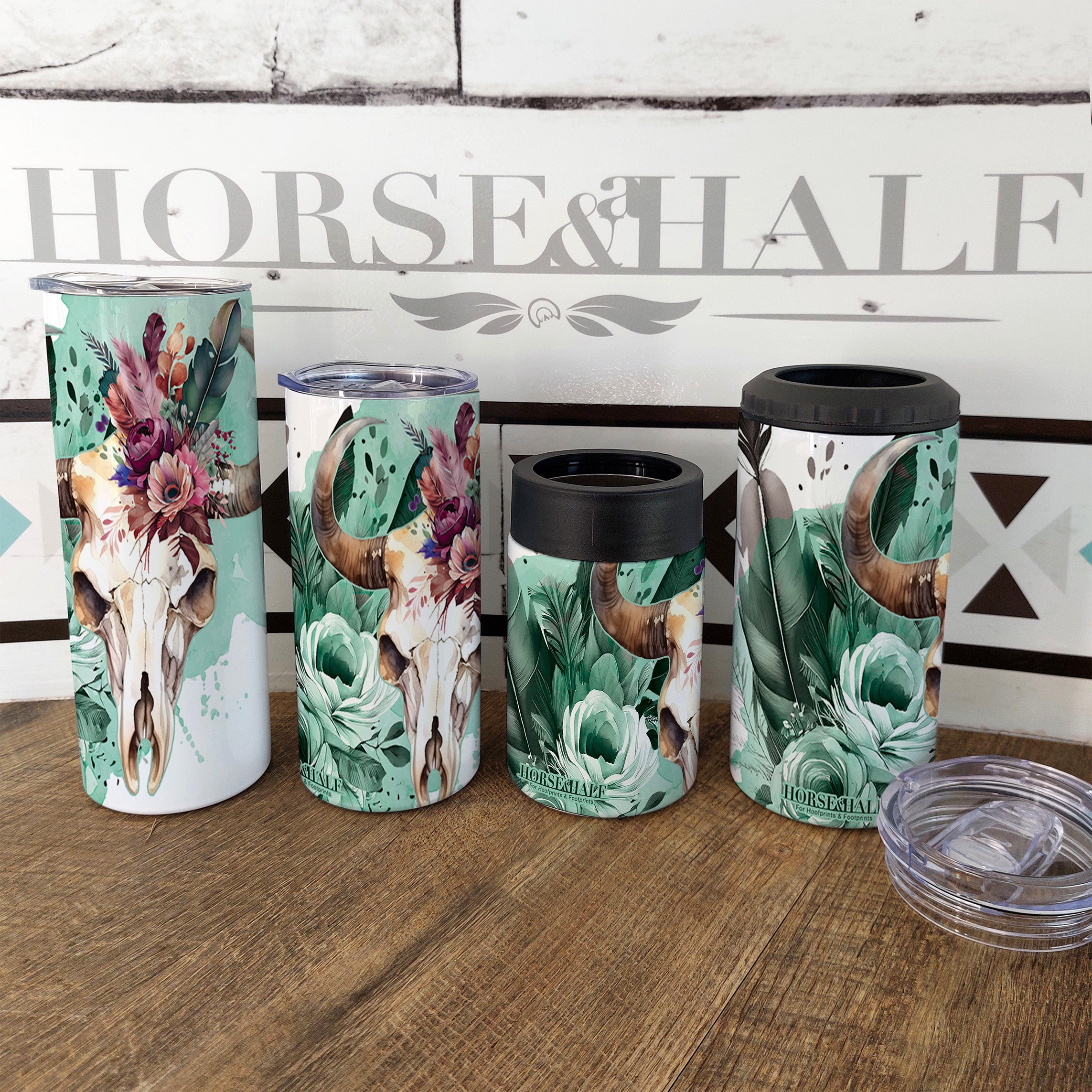 Mint Floral Skull Drinkware