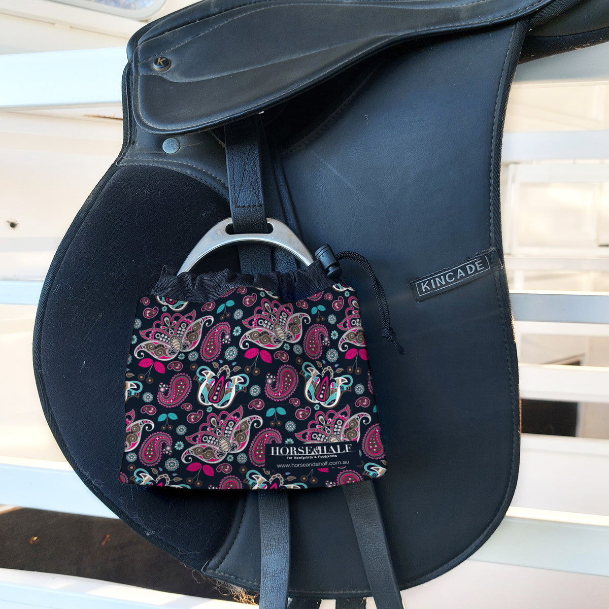 Navy Paisley Stirrup Covers on english saddle — Horse and a Half