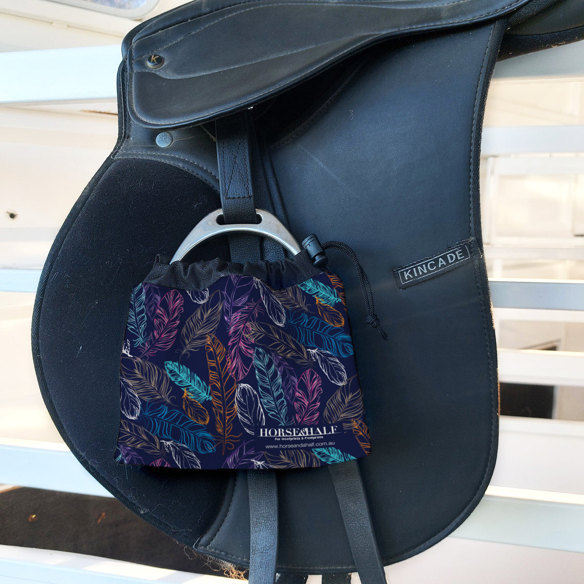Neon Feathers Stirrup Covers on english saddle — Horse and a Half