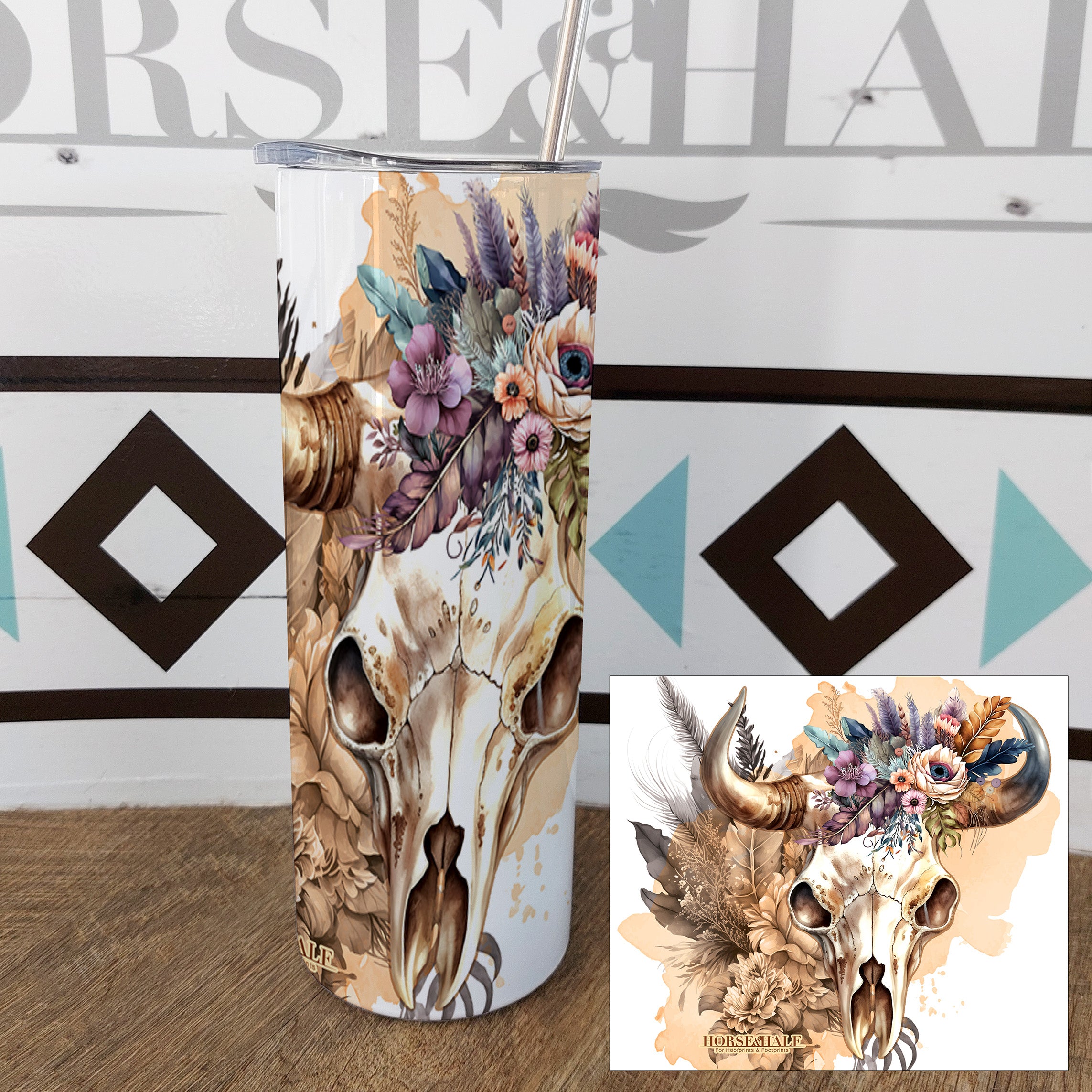Peach Floral Skull Drinkware