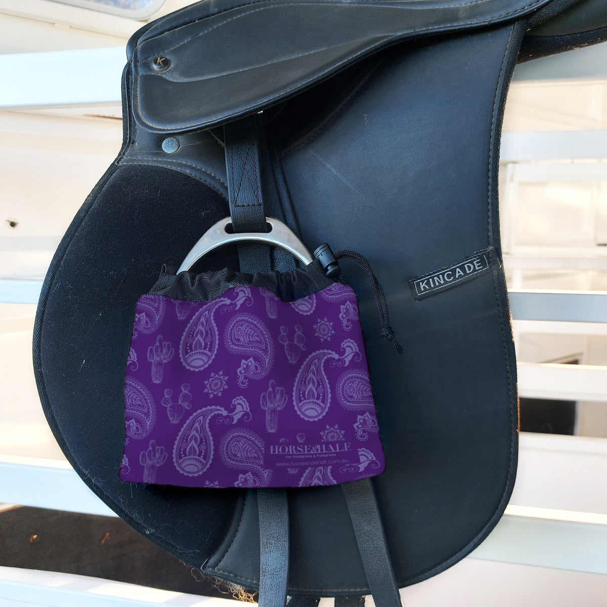 Purple Paisley Stirrup Covers on english saddle — Horse and a Half